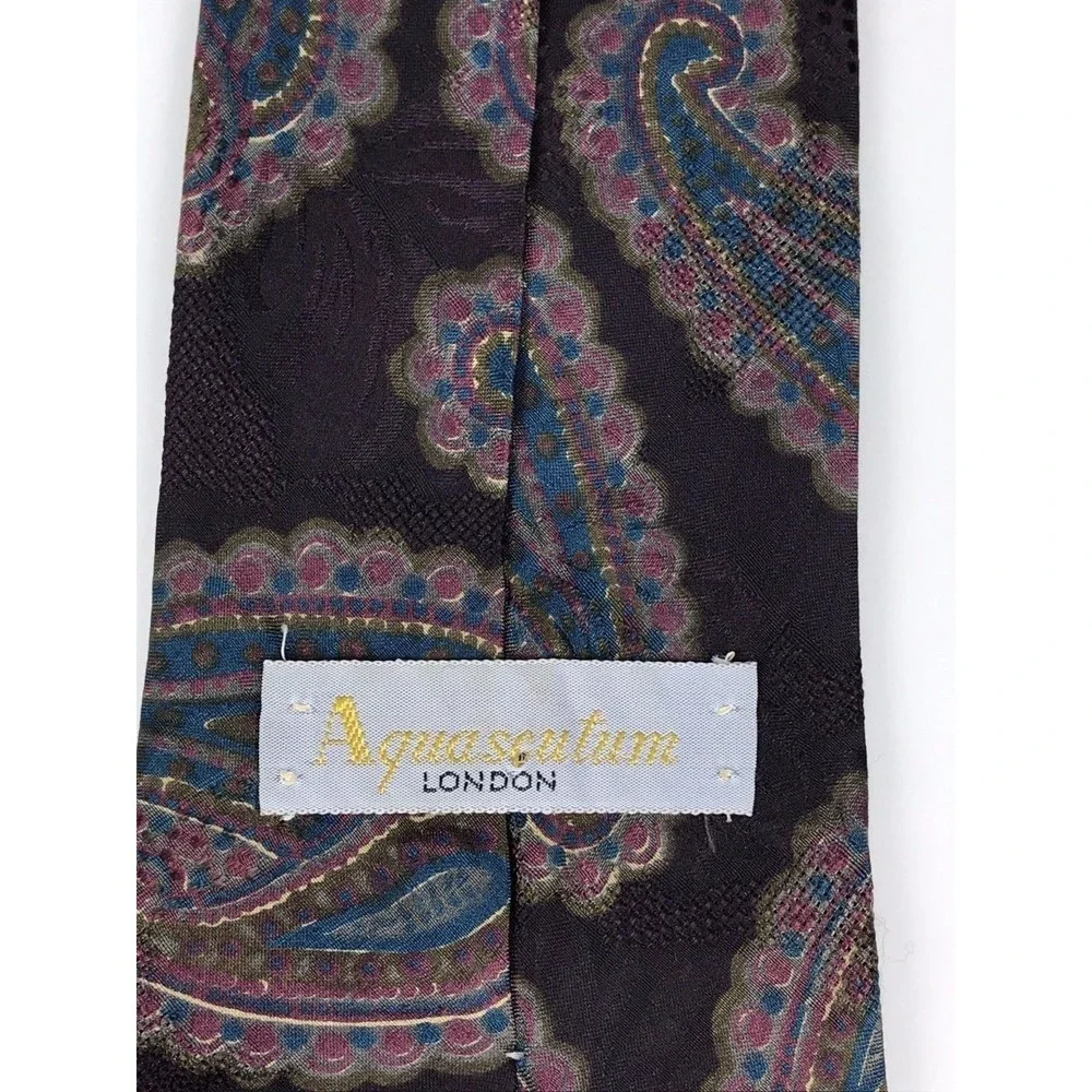 Aquascutum Tie 100% Silk Black Blue Purple Paisley Elegant Business Necktie 56